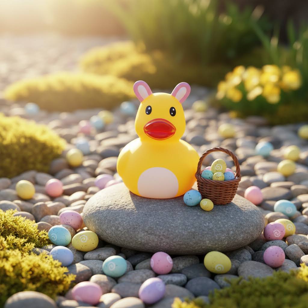 Påskpresent påskhare anka står på sten med påskägg