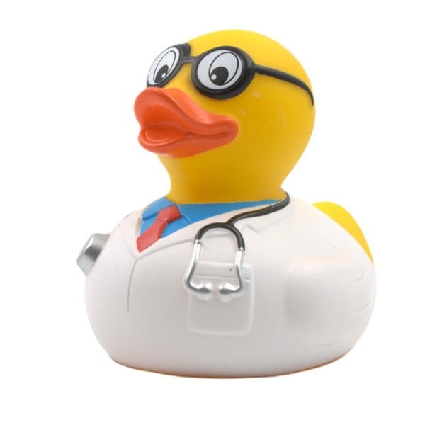 present till läkare doktor badanka med rock och stetoskop snett framifrån