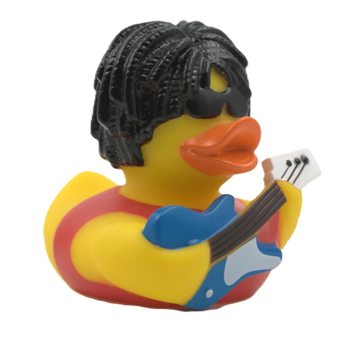present till rockfan med solglasögon och elgitarr snett framifrån