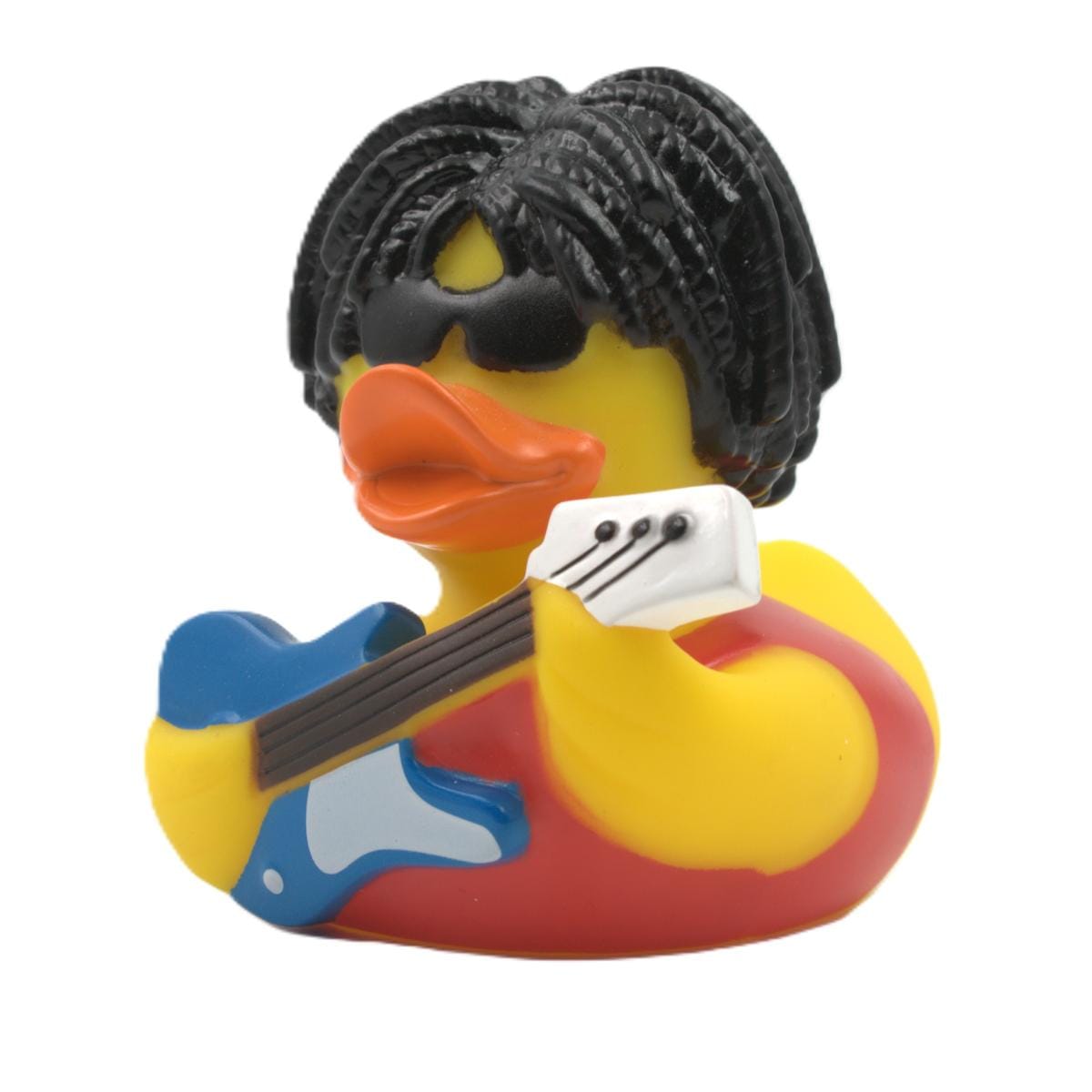 present till rockfan med solglasögon och elgitarr snett framifrån