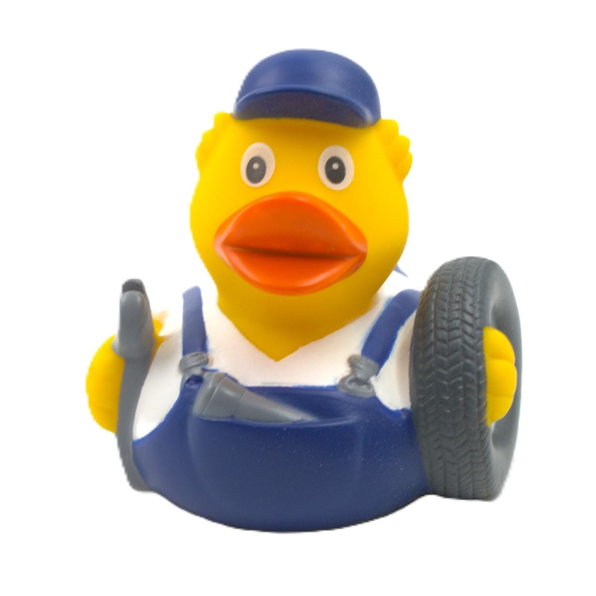 present till bilmekaniker badanka med meckar väst däck och verktyg och keps framifrån