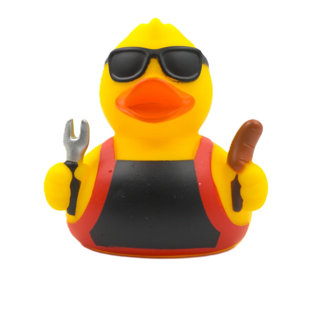 present till grillmästare badanka med förkläde grillspett och korv framifrån