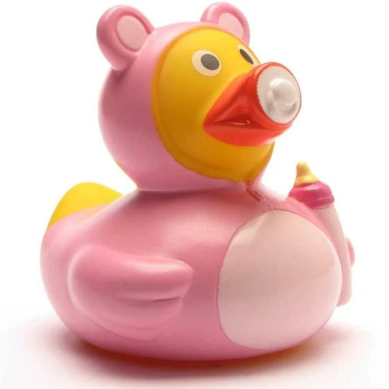 Bebis Flicka Badanka - rosa anka i björnmössa med napp och nappflaska