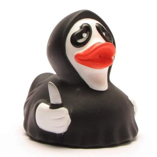 Skräckmask Badanka - svart anka i mantel med vit spökmask och skrikande mun