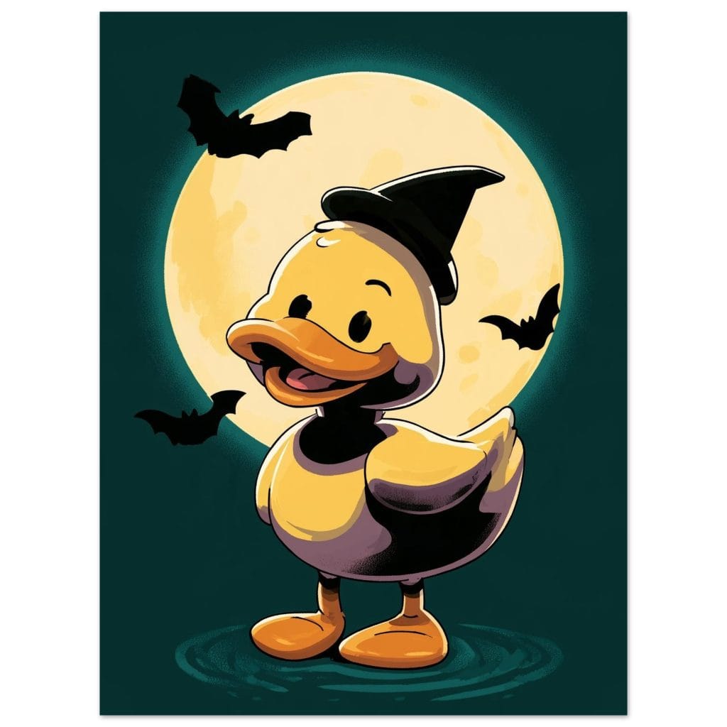 Halloweenposter – illustration av anka med häxhatt framför fullmåne, omgiven av fladdermöss