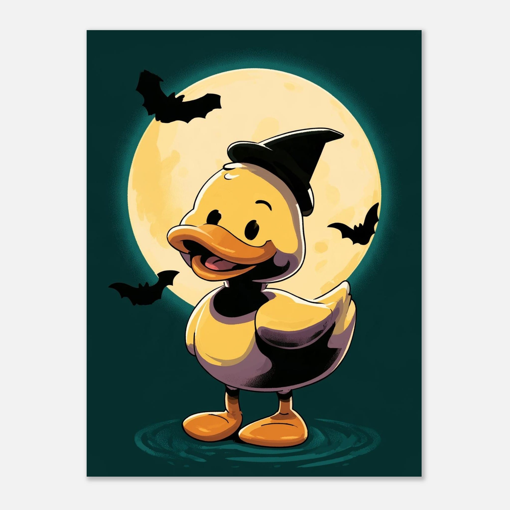 Halloweenposter – illustration av anka med häxhatt framför fullmåne, omgiven av fladdermöss