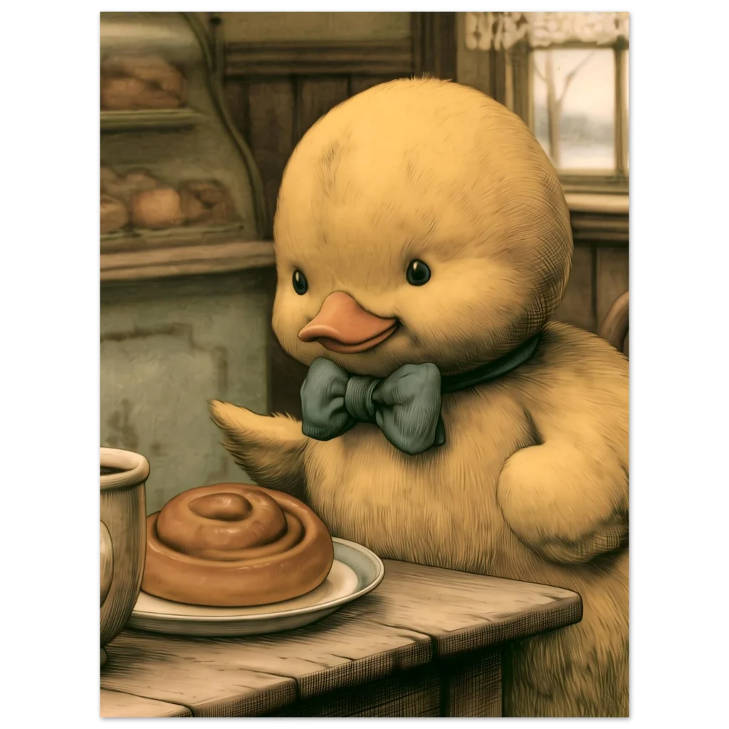 illustration av en gul anka med blågrön fluga vid ett bord med kaffekopp och kanelbulle