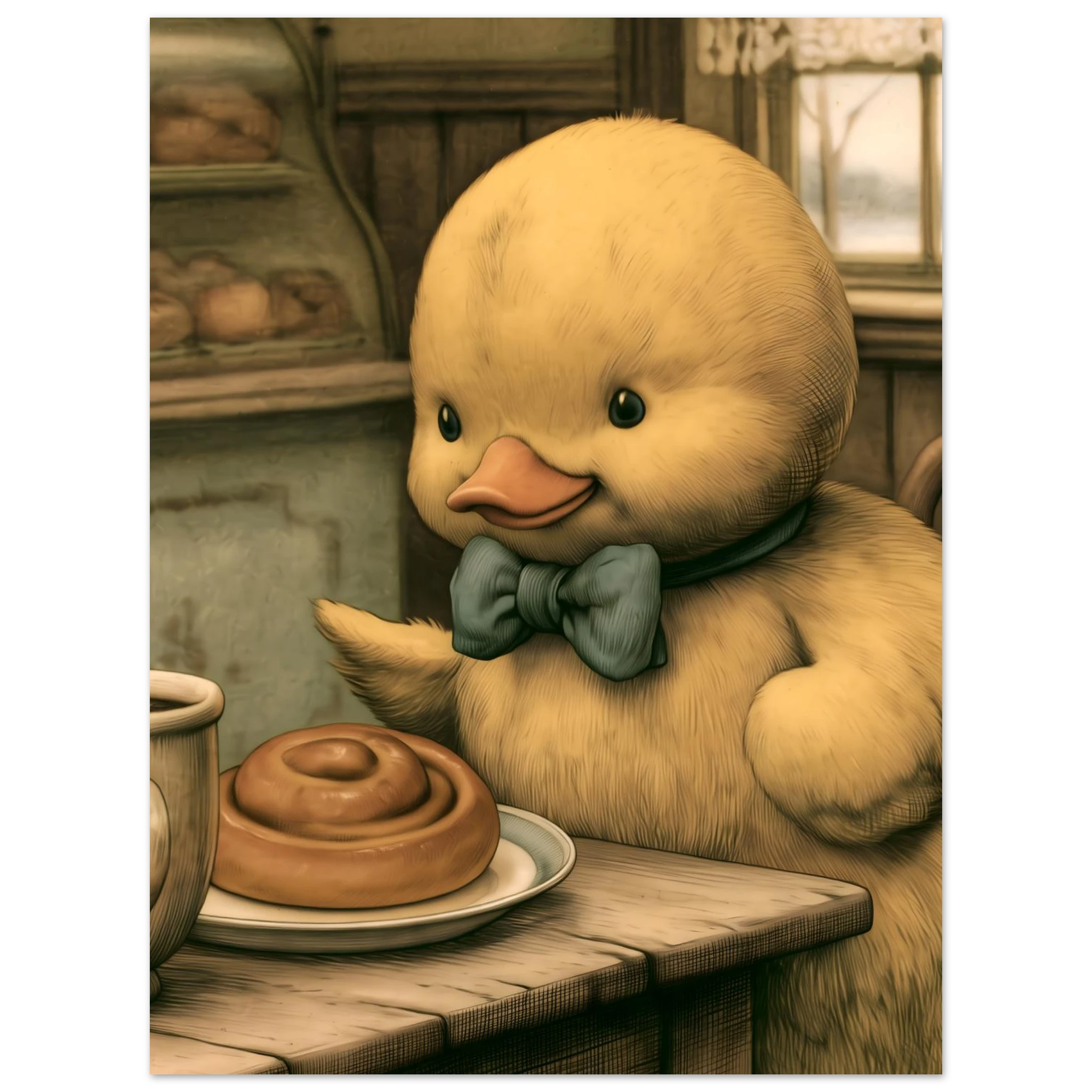 illustration av en gul anka med blågrön fluga vid ett bord med kaffekopp och kanelbulle