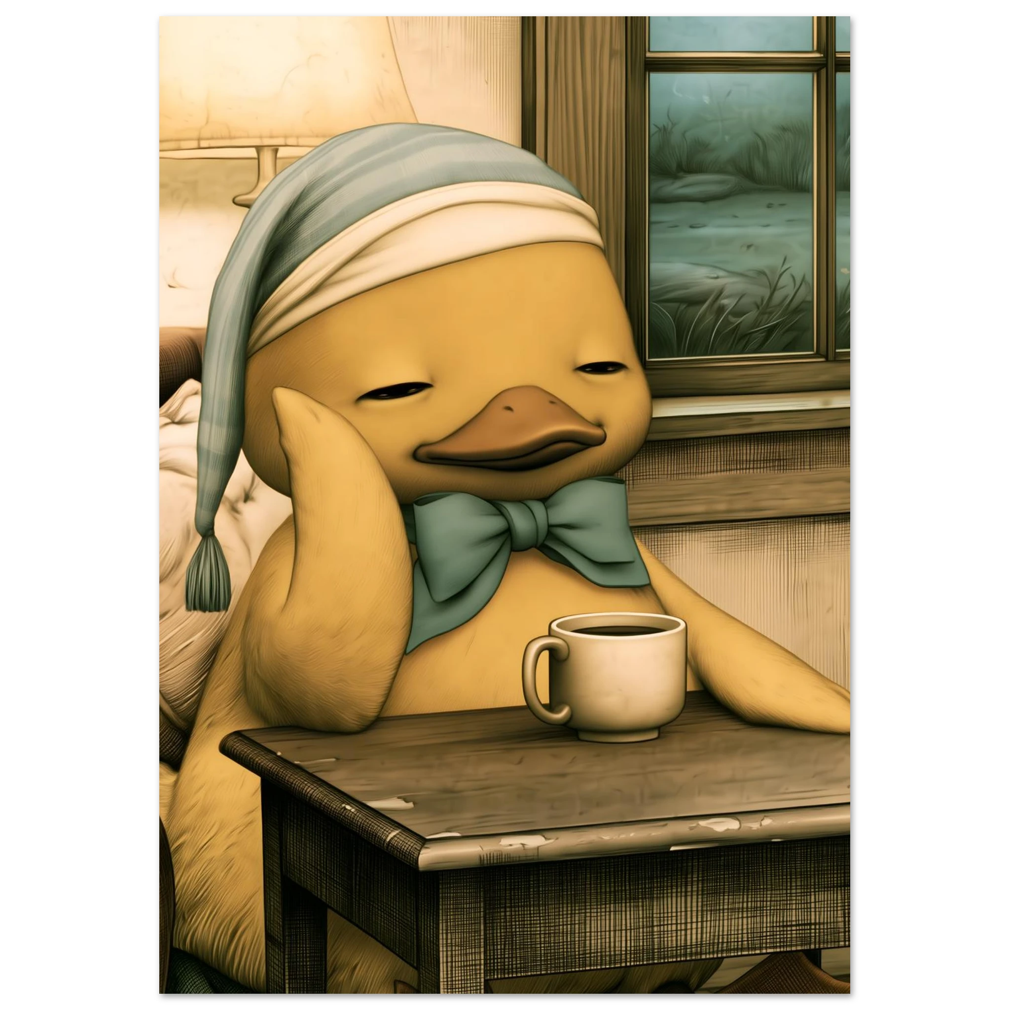 illustration av en gul anka med blåvit nattmössa och en kopp kaffe vid ett fönster