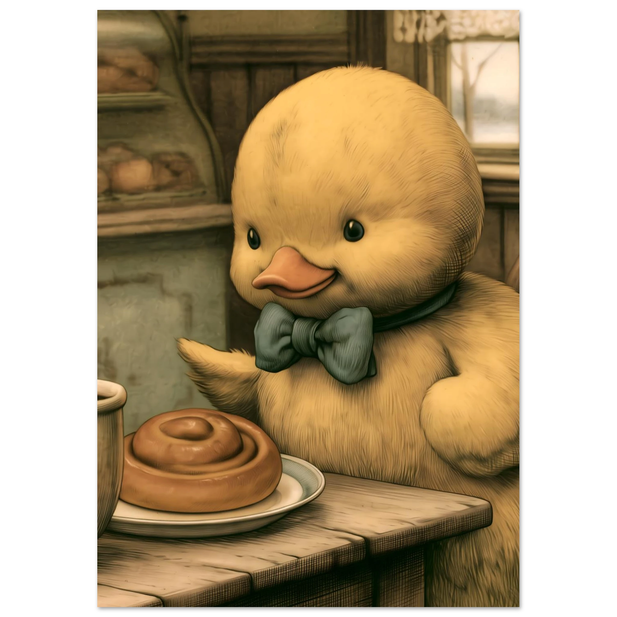 illustration av en gul anka med blågrön fluga vid ett bord med kaffekopp och kanelbulle