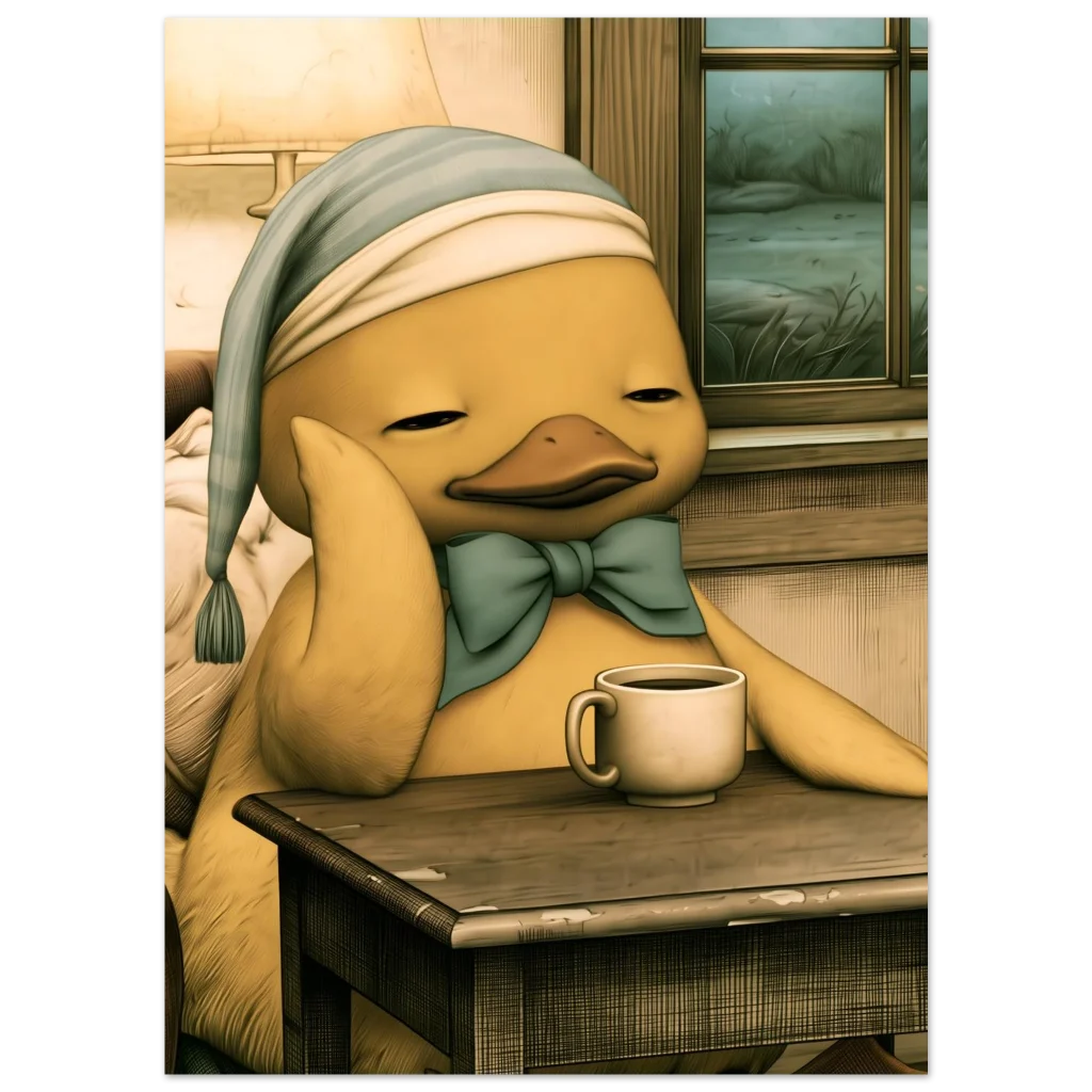 illustration av en gul anka med blåvit nattmössa och en kopp kaffe vid ett fönster