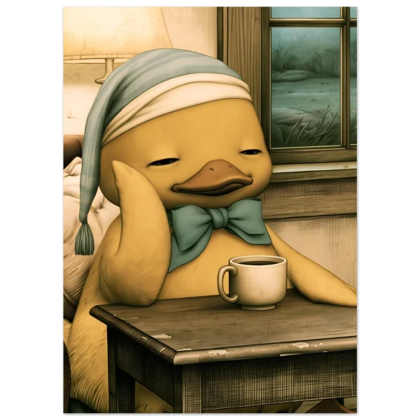 illustration av en gul anka med blåvit nattmössa och en kopp kaffe vid ett fönster