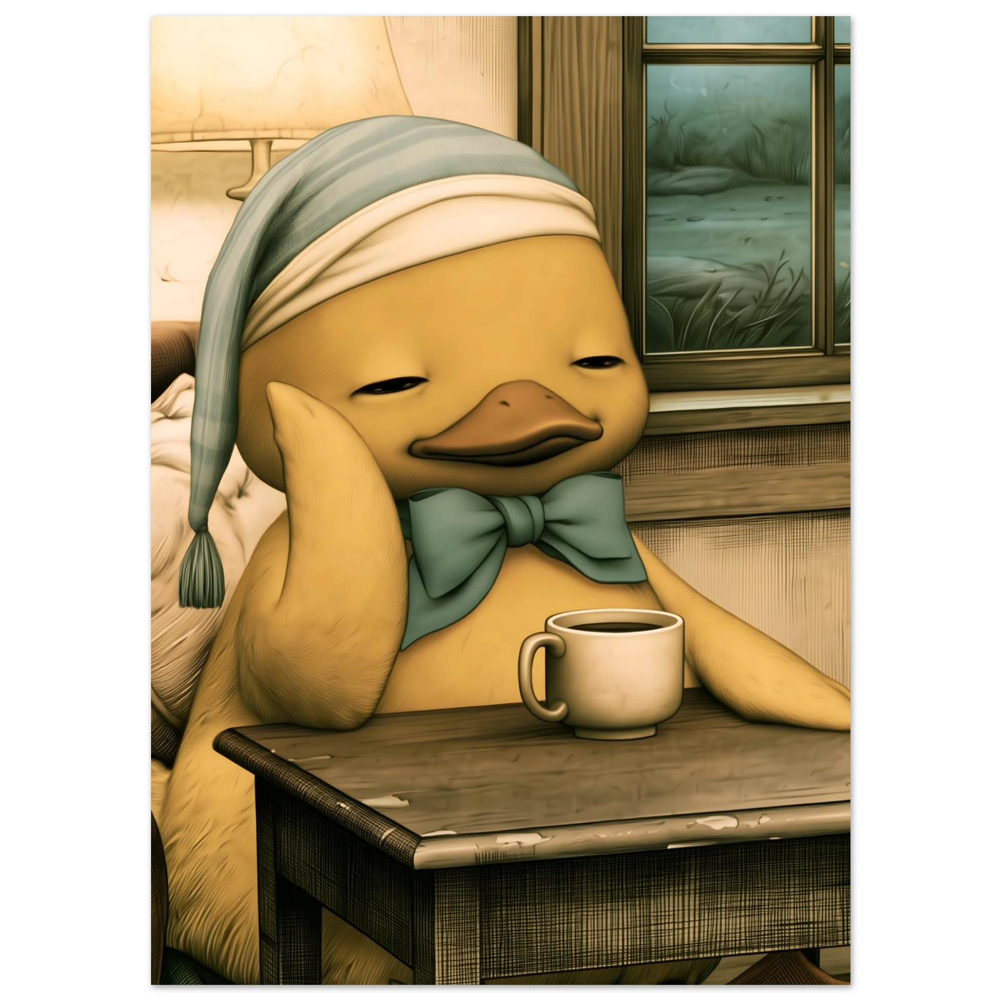 illustration av en gul anka med blåvit nattmössa och en kopp kaffe vid ett fönster