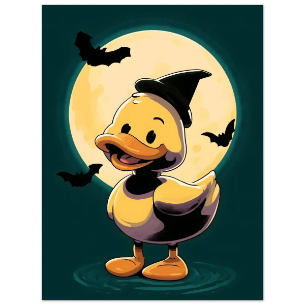 Halloweenposter – illustration av anka med häxhatt framför fullmåne, omgiven av fladdermöss