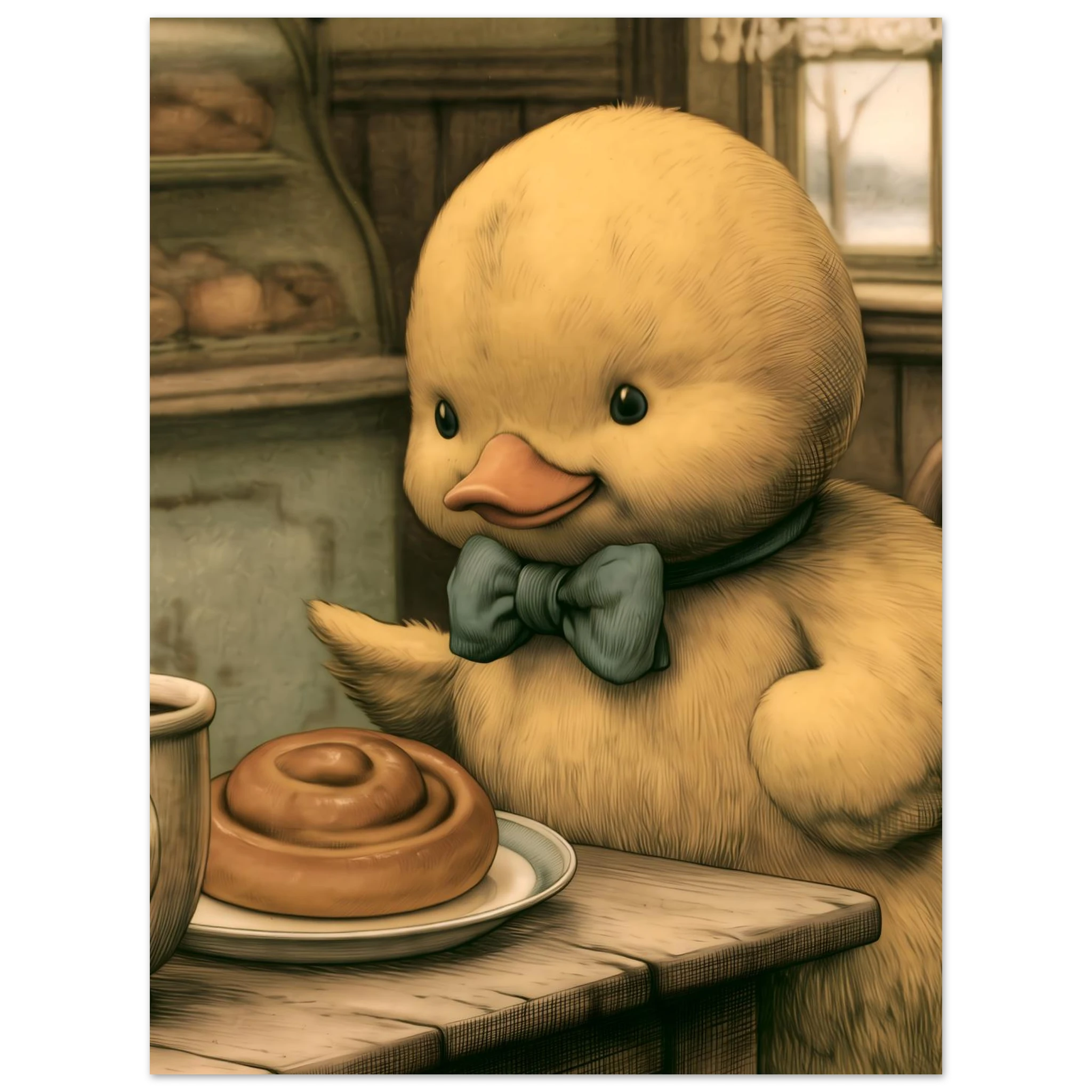 illustration av en gul anka med blågrön fluga vid ett bord med kaffekopp och kanelbulle