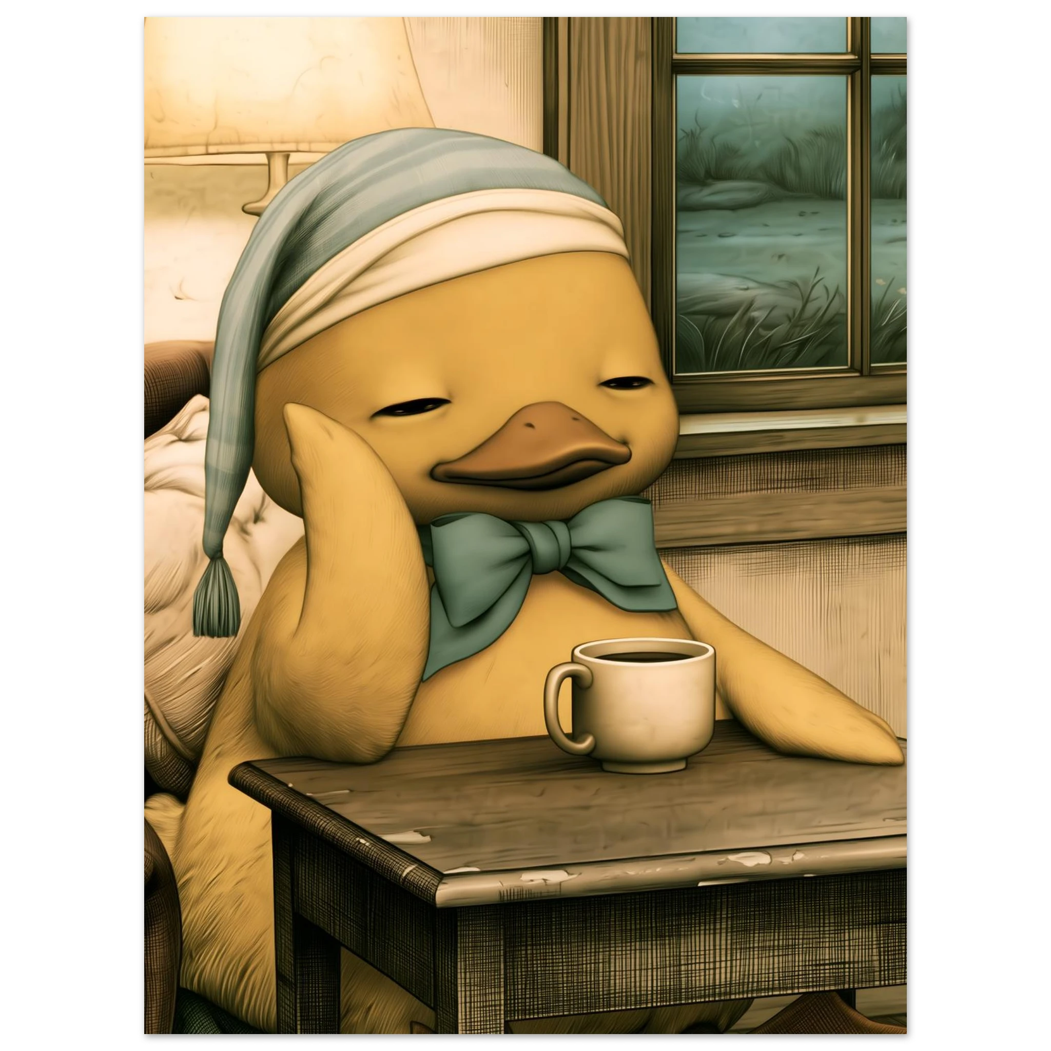 illustration av en gul anka med blåvit nattmössa och en kopp kaffe vid ett fönster