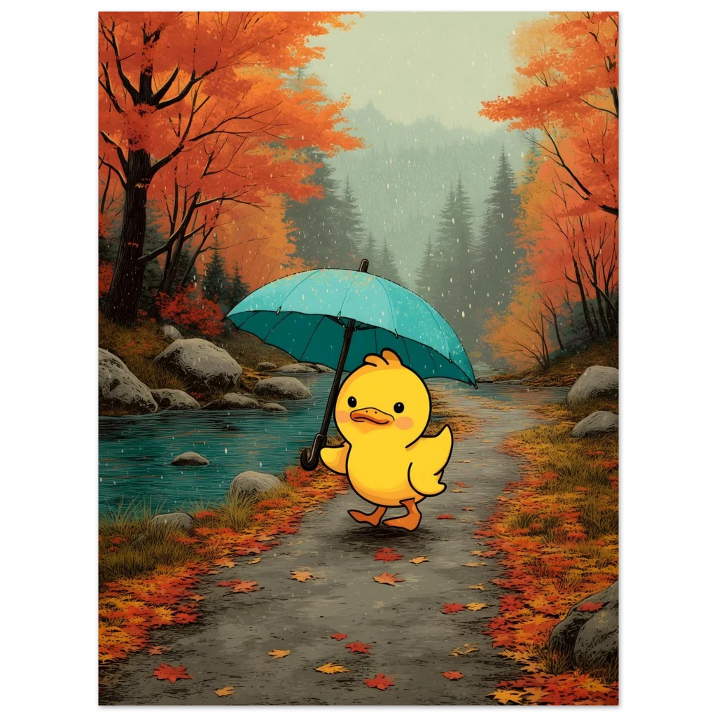 Ankposter Höst – illustration av anka med paraply på promenad i höstskog i regn