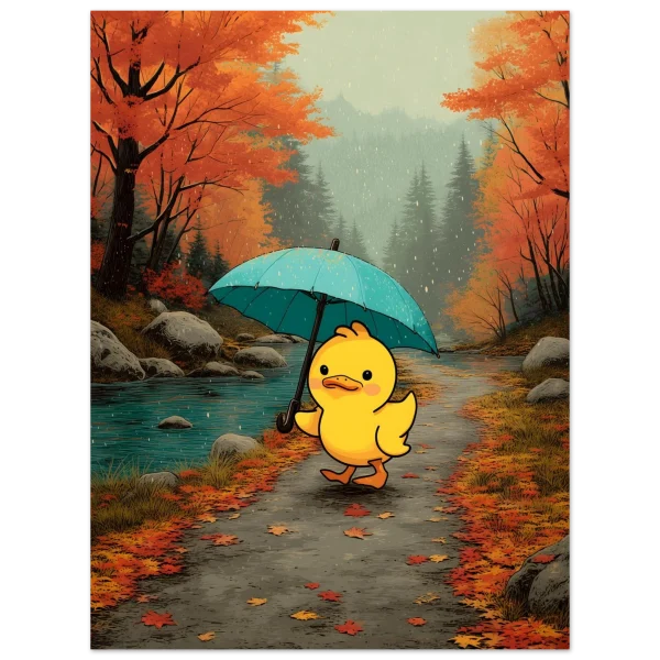 Ankposter Höst – illustration av anka med paraply på promenad i höstskog i regn